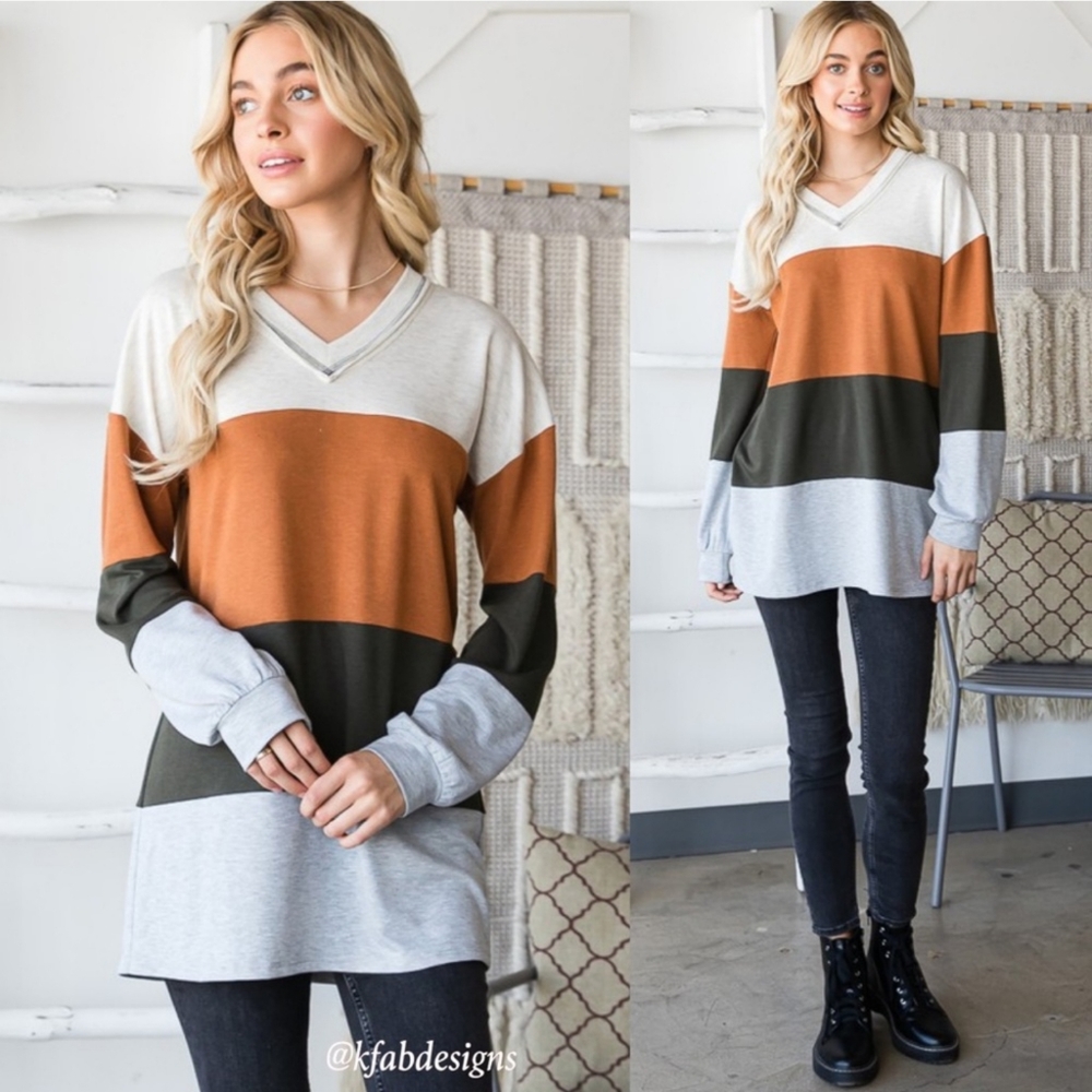 V Neck Color Block Fall Colors Puff Sleeve Top - L